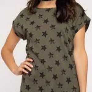 Star Print Tee Army Green and Black Grunge Punk Alt